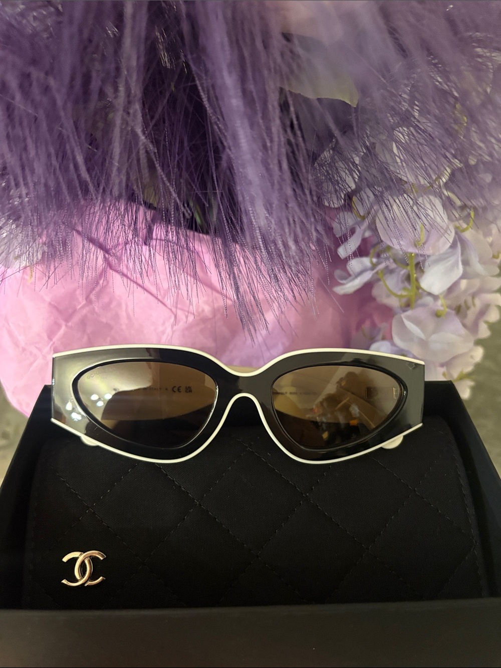 NEW CHANEL CH6056 Cat Eye Sunglasses Black White Acetate Brown Lenses -100% Auth